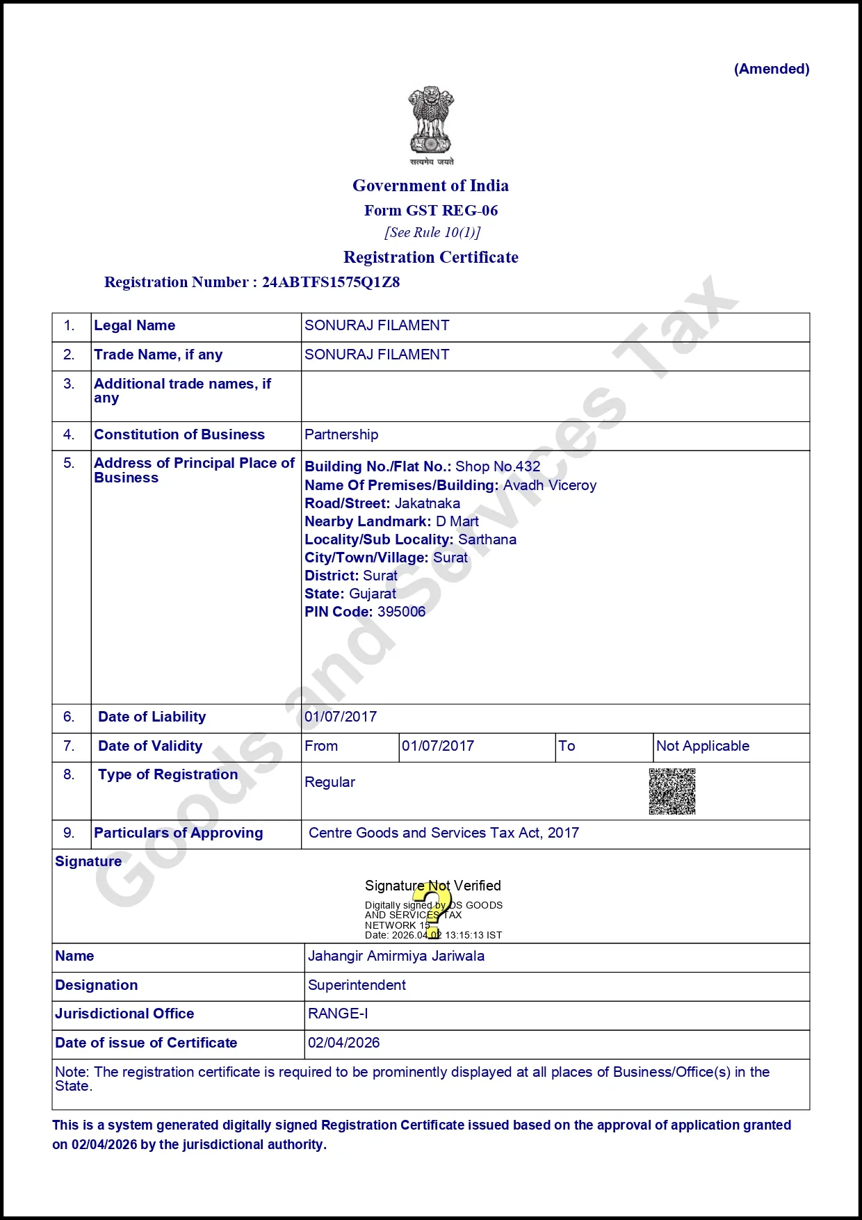 Sonuraj Filament GST Registration Certificate