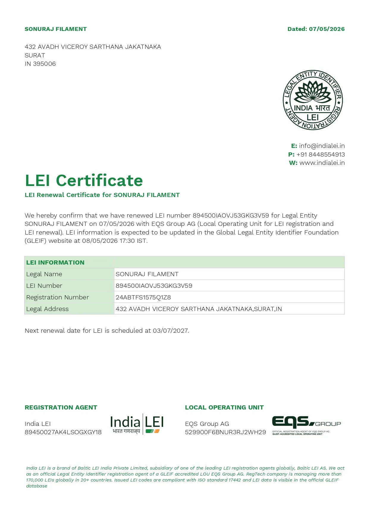 Sonuraj Filament LEI Certificate